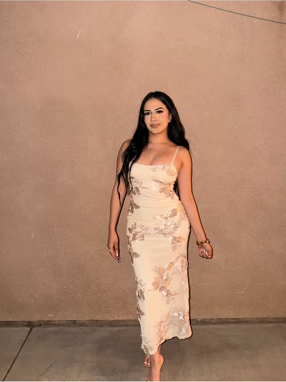 Ivory Slip Dress with Rose Gold Floral Embroidery
